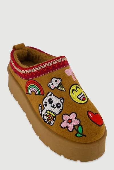 Womens Embroidered Graphic Platform Clogs, Brown,