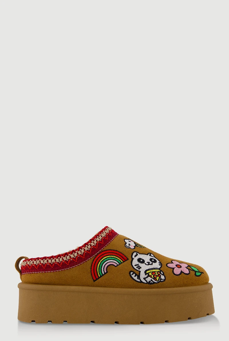 Womens Embroidered Graphic Platform Clogs, Brown,