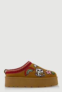 Womens Embroidered Graphic Platform Clogs, Brown,