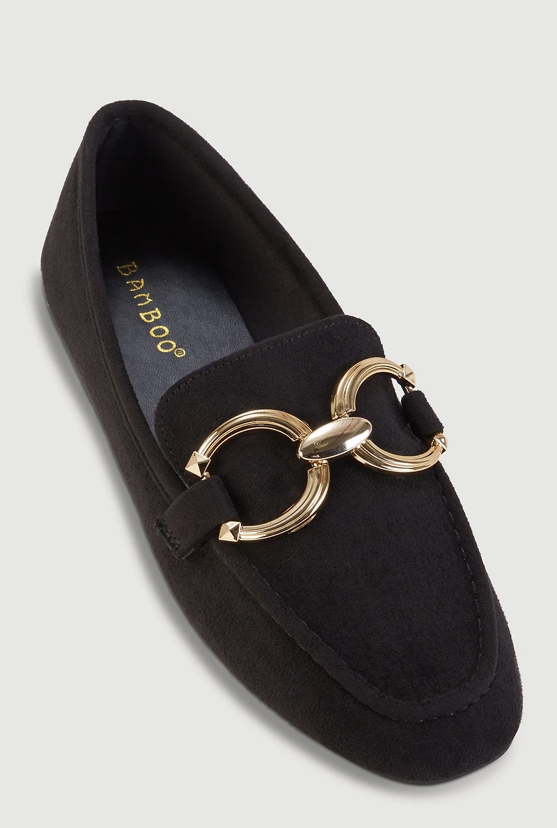 Faux Suede Loafers with Metallic Pendant