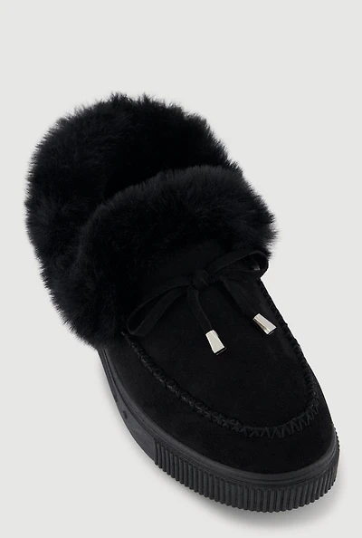 Womens Trendy Faux Fur Lined Faux Suede Platform Moccasin Slippers, Black, Size 6