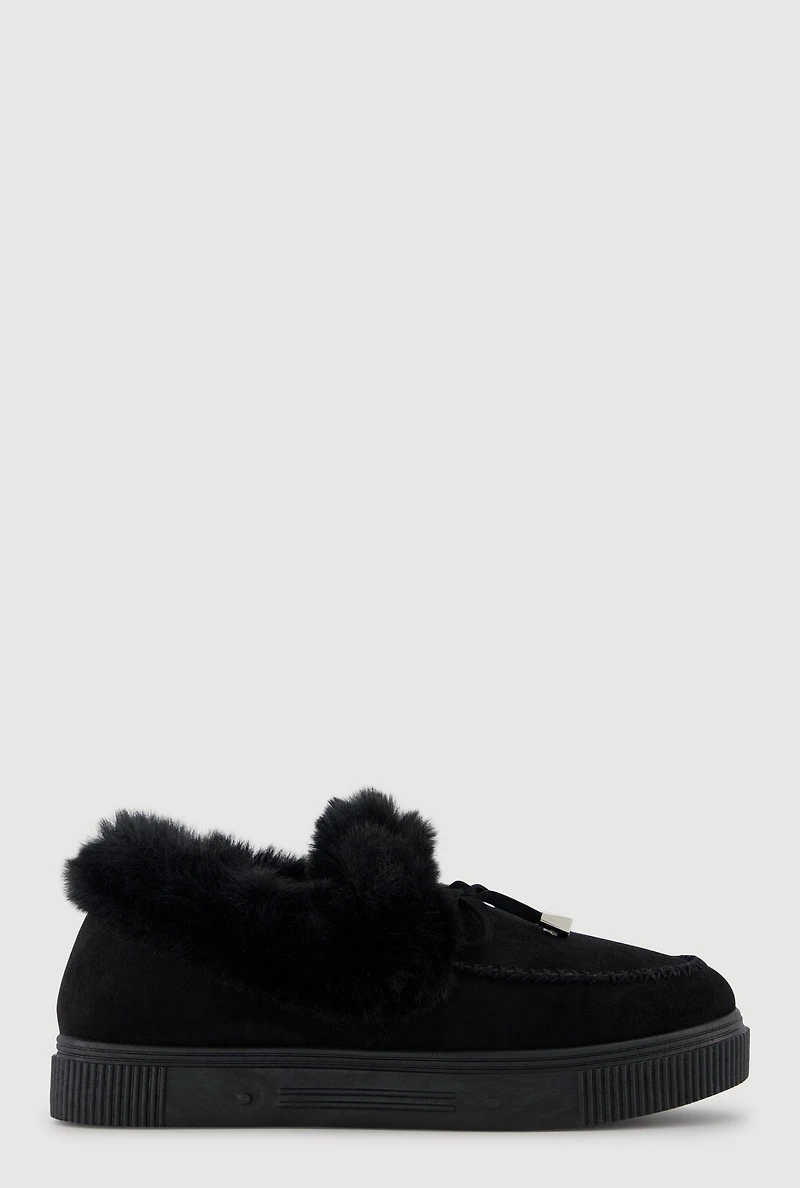 Womens Trendy Faux Fur Lined Faux Suede Platform Moccasin Slippers, Black, Size 6