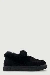 Womens Trendy Faux Fur Lined Faux Suede Platform Moccasin Slippers, Black, Size 6