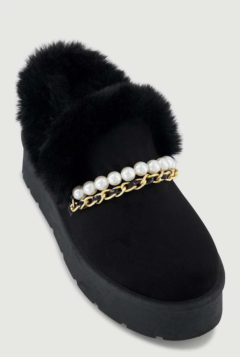 Womens Trendy Faux Fur Lined Faux Suede Booties with Chains and Pearl Detail, Black, Size 7