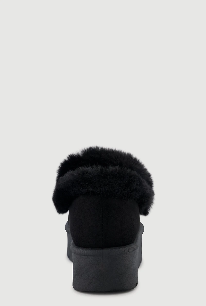 Womens Trendy Faux Fur Lined Faux Suede Booties with Chains and Pearl Detail, Black, Size 7