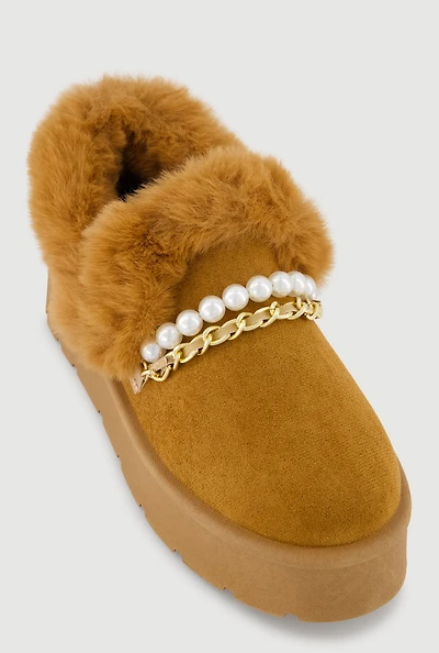 Trendy Faux Fur Lined Suede Booties with Chains and Pearl Detail
