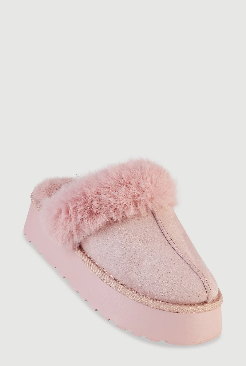 Womens Faux Fur Platform Slippers, Pink,
