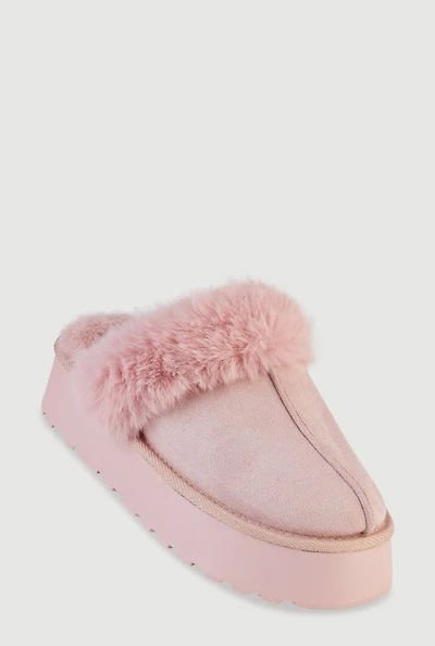 Womens Faux Fur Platform Slippers, Pink,