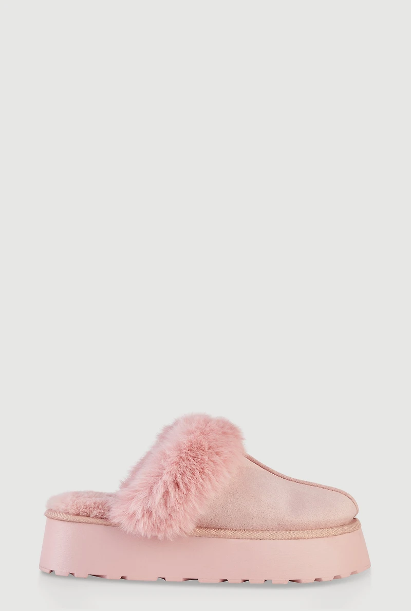 Womens Faux Fur Platform Slippers, Pink,