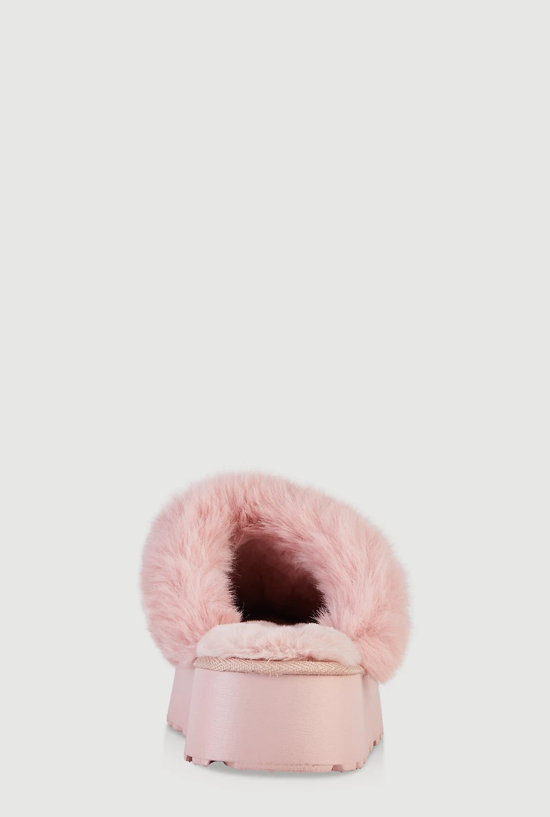 Womens Faux Fur Platform Slippers, Pink,