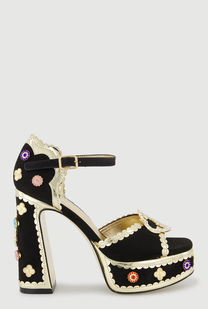 Block Heel Platform Sandals with Gemstones