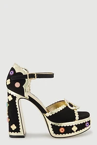 Block Heel Platform Sandals with Gemstones
