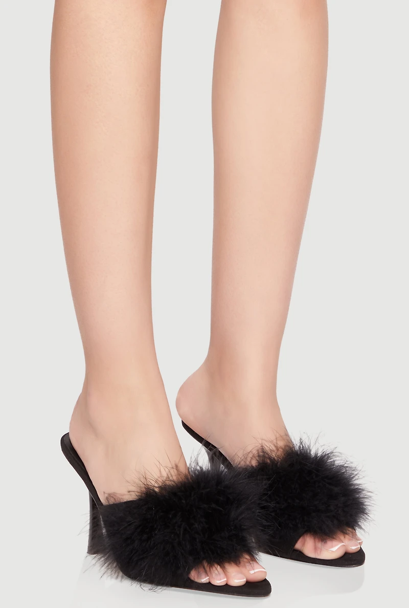 Feather Detail High Heel Mules