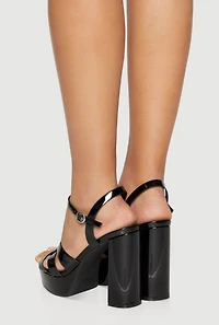 Womens Faux Patent Leather Platform Block Heel Sandals, Black, Size 7.5