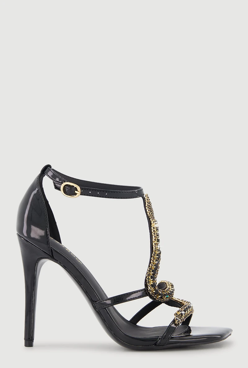 Rhinestone Snake Detail Ankle Strap Ultra High Heels