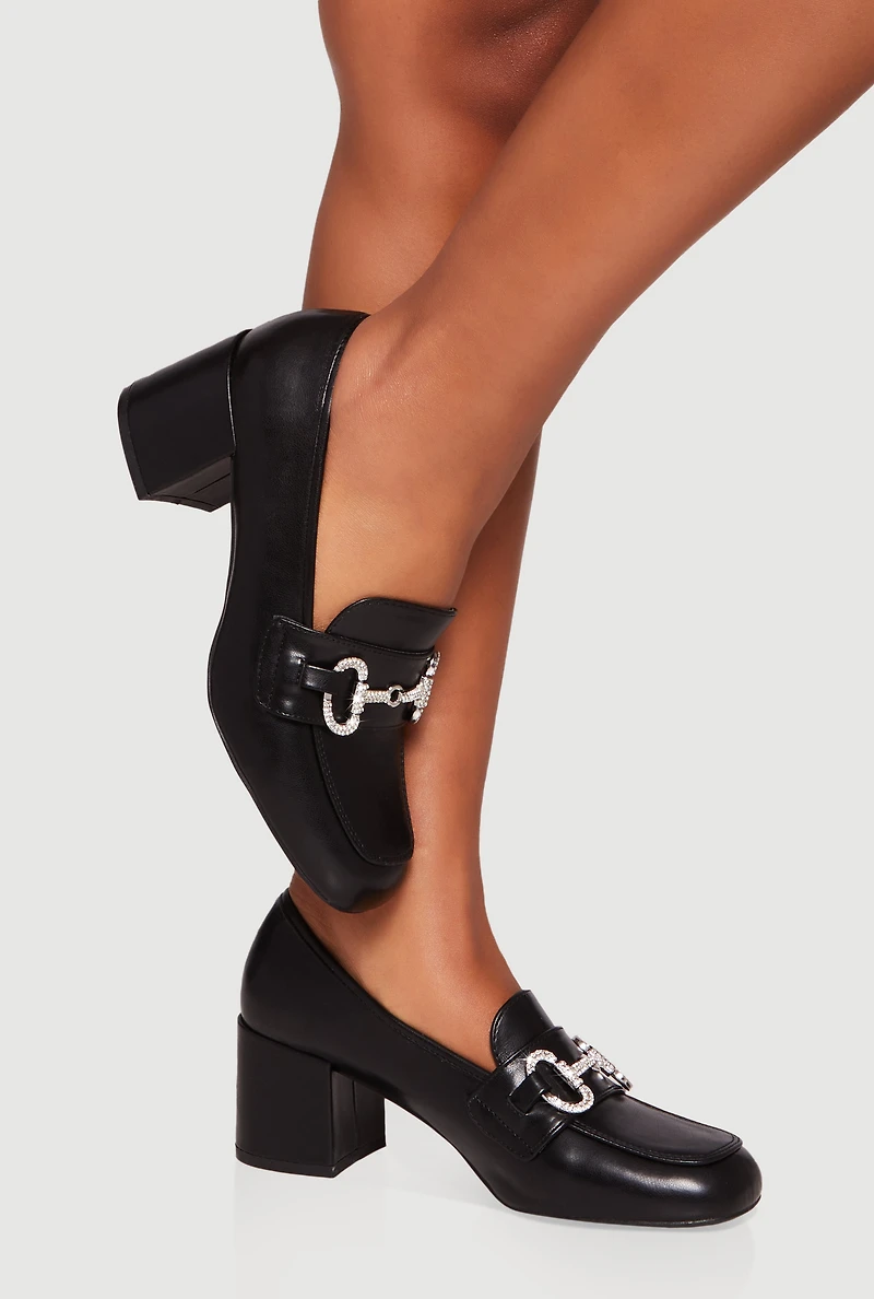 Rhinestone Horsebit Mid Block Heel Loafers