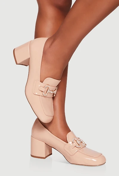 Rhinestone Horsebit Mid Block Heel Loafers