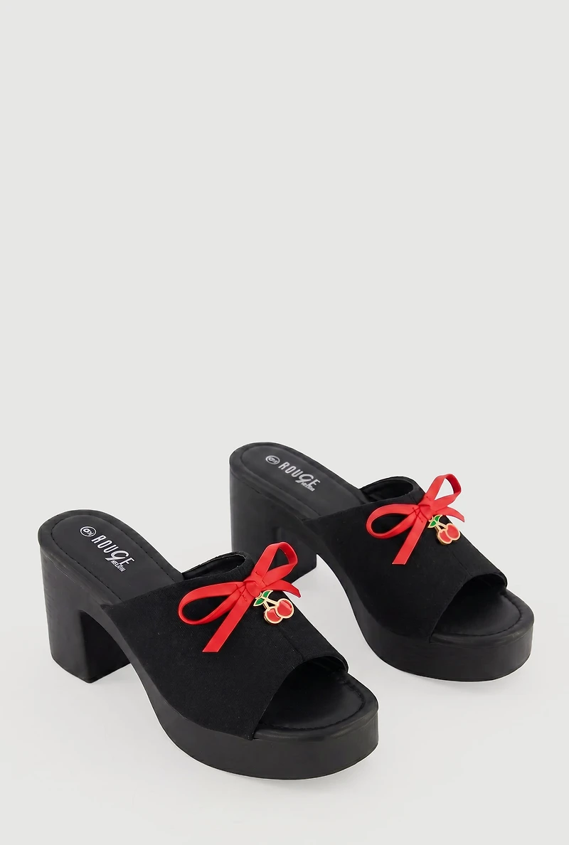 Block Heel Mule Sandals with Bow and Cherry Charm