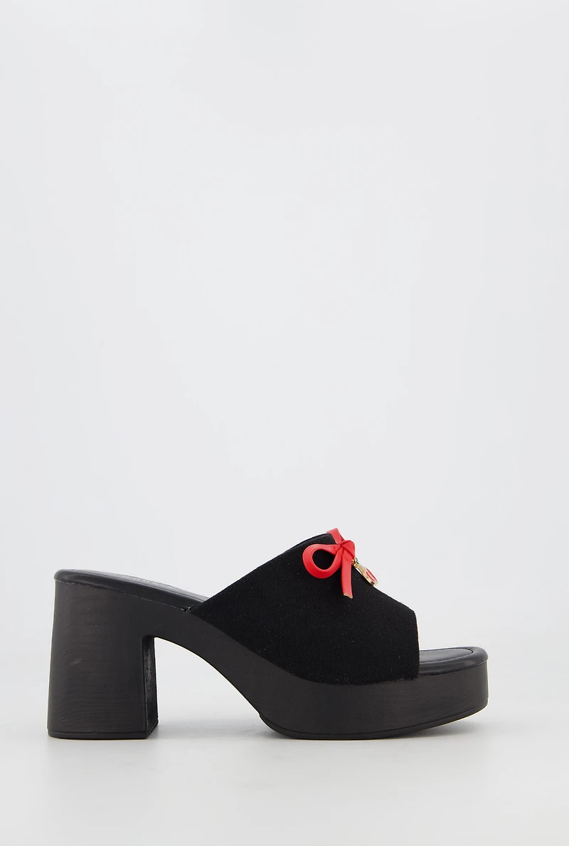 Block Heel Mule Sandals with Bow and Cherry Charm