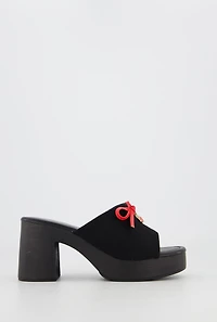 Block Heel Mule Sandals with Bow and Cherry Charm