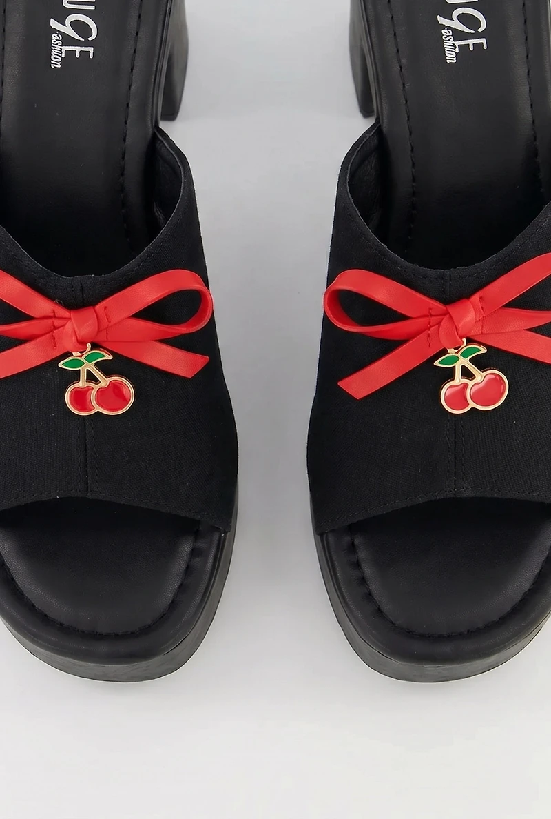 Block Heel Mule Sandals with Bow and Cherry Charm