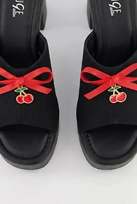 Block Heel Mule Sandals with Bow and Cherry Charm