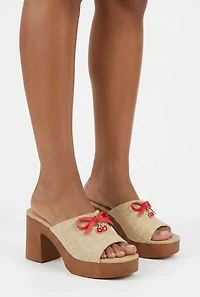 Block Heel Mule Sandals with Bow and Cherry Charm
