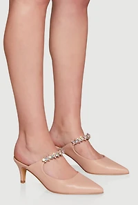 Womens Rhinestone Strap Mid Heel Mules,