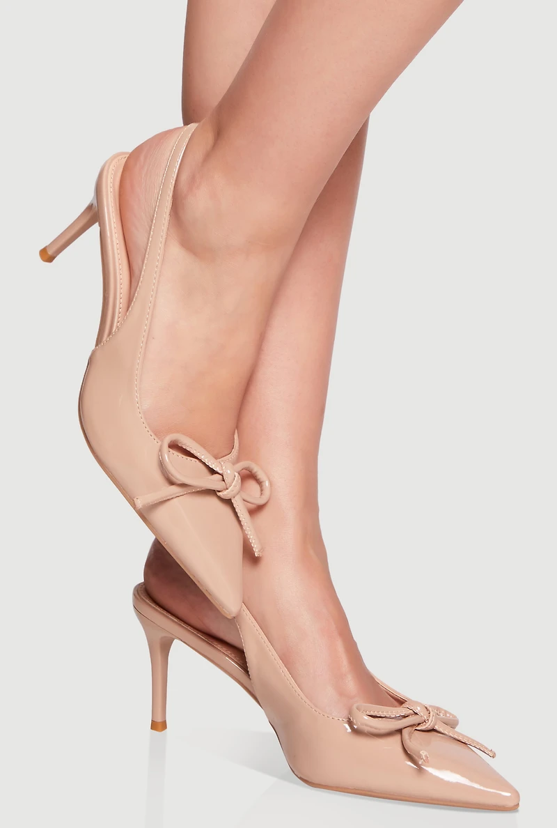 Womens Trendy Slingback Bow Pointy Toe Stiletto Pumps, Beige,
