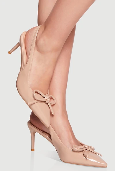 Womens Trendy Slingback Bow Pointy Toe Stiletto Pumps, Beige,