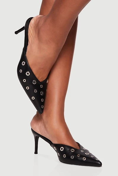 Womens Metallic Grommet Pointy Toe Stiletto Mules,