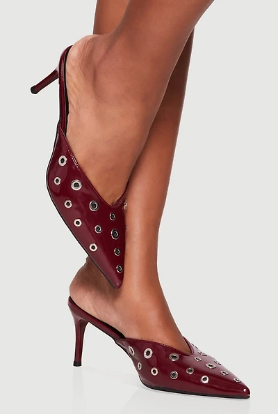 Womens Metallic Grommet Pointy Toe Stiletto Mules, Red, Size 7