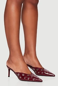 Womens Metallic Grommet Pointy Toe Stiletto Mules, Red, Size 7