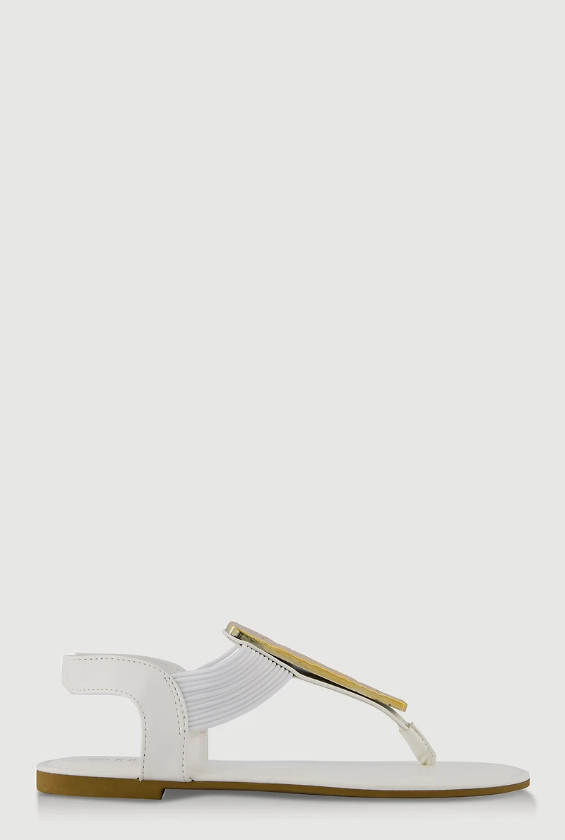 Womens Textured Metallic Pendant Corded Thong Sandals, White, Size 9