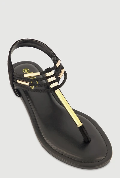 Womens Metallic Pendant Ankle Strap Thong Sandals, Black, Size 9
