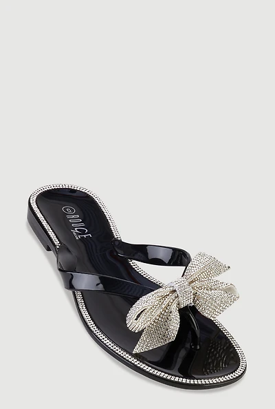 Womens Rhinestone Bow Jelly Thong Sandals,