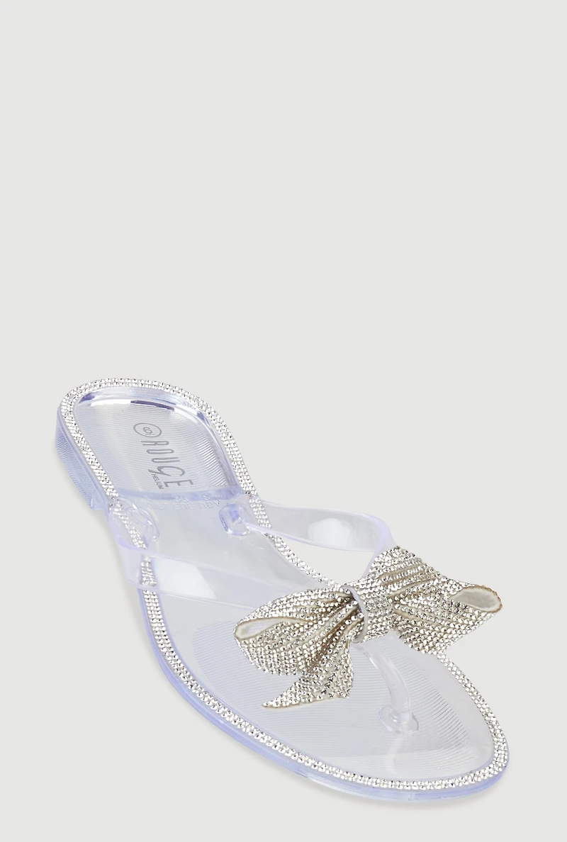 Rhinestone Bow Jelly Thong Sandals