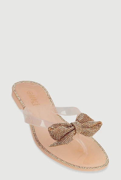 Womens Rhinestone Bow Jelly Thong Sandals,