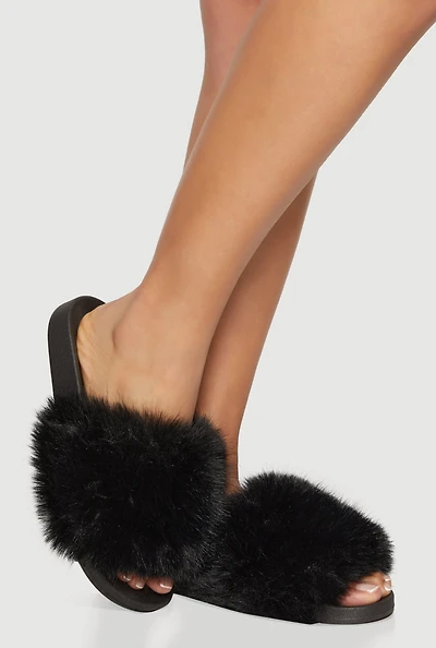 Womens Faux Fur Band Slide Sandals,