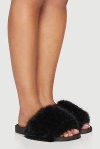 Womens Faux Fur Band Slide Sandals,