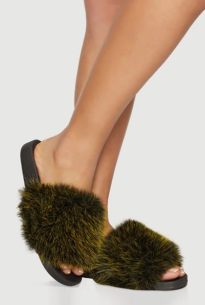 Womens Faux Fur Band Slide Sandals,