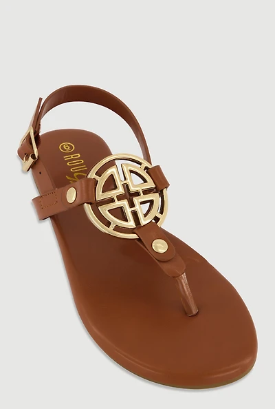 Womens Metallic Geometric Pendant Thong Sandals,