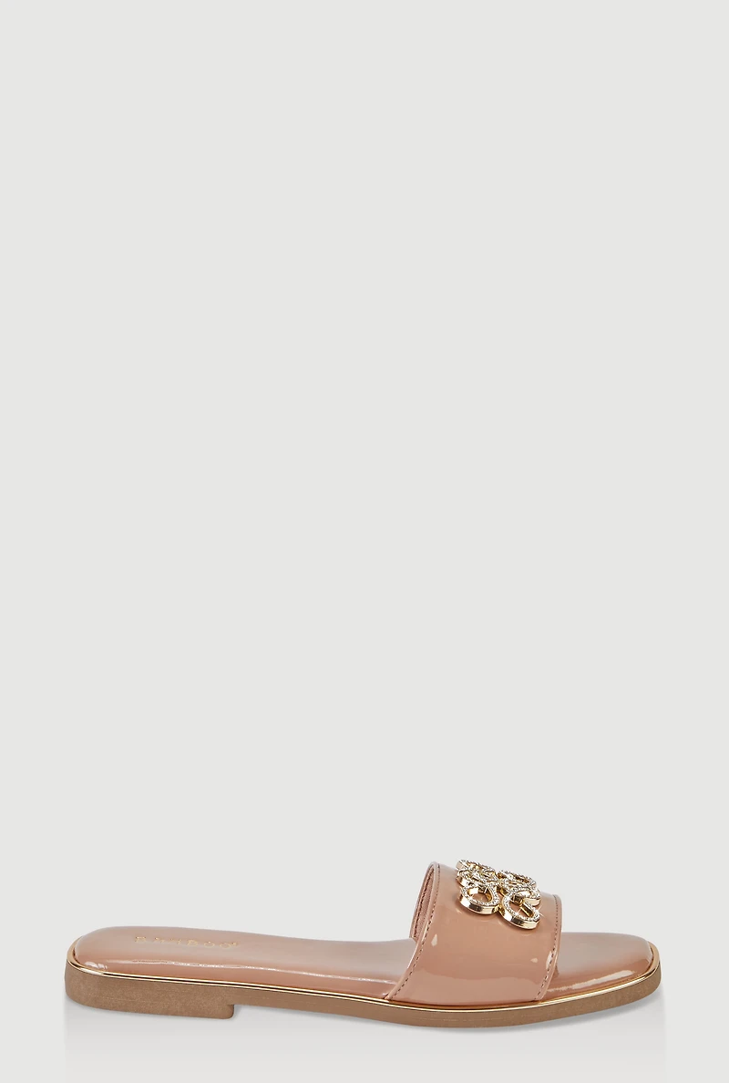 Rhinestone Metallic Pendant Slide Sandals