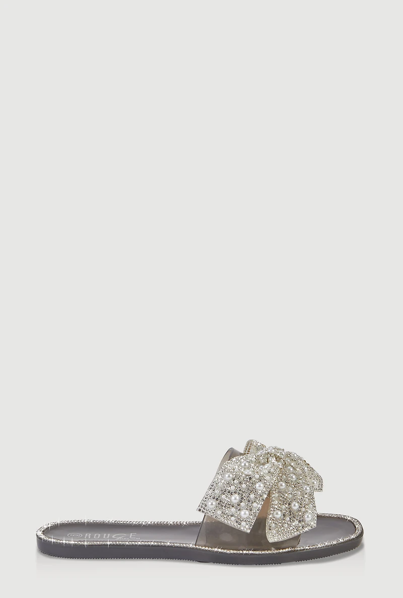 Rhinestone Faux Pearl Bow Band Jelly Slide Sandals