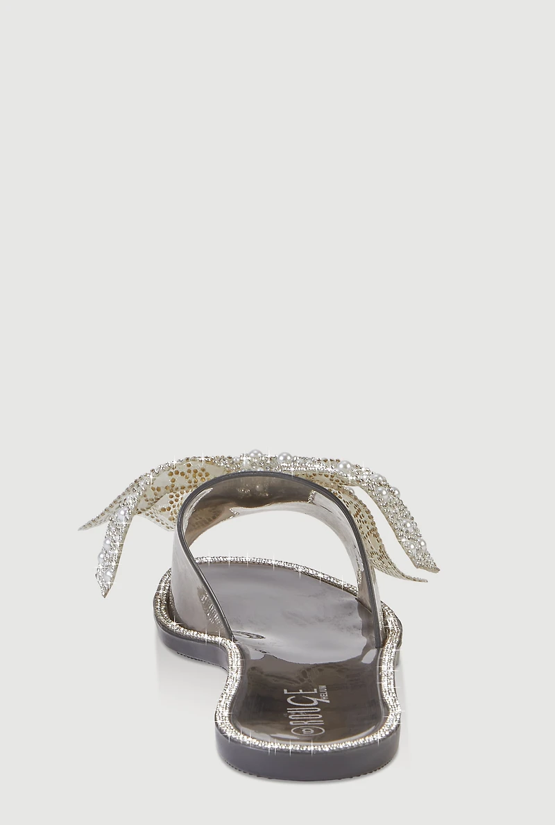 Rhinestone Faux Pearl Bow Band Jelly Slide Sandals