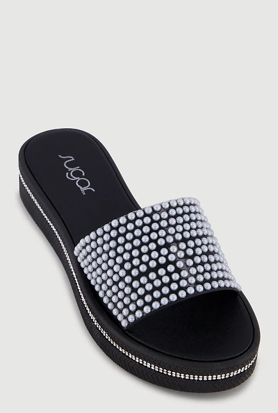 Faux Pearl Band Rhinestone Trim Platform Slide Sandals
