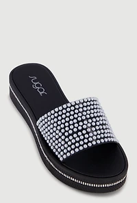Faux Pearl Band Rhinestone Trim Platform Slide Sandals