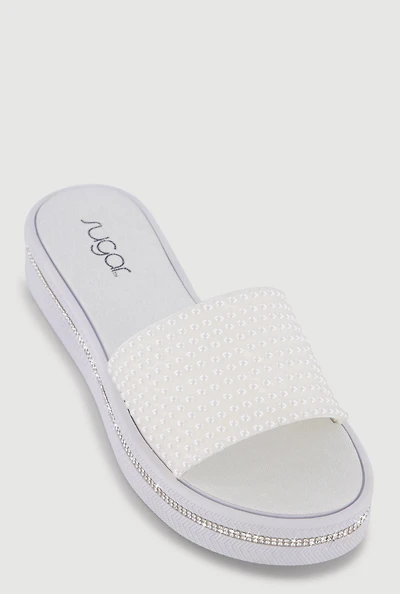 Faux Pearl Band Rhinestone Trim Platform Slide Sandals