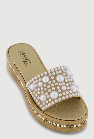 Rhinestone Trim Faux Pearl Band Slide Sandals