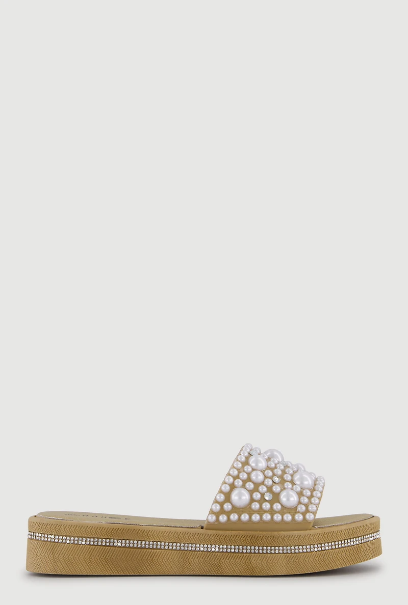 Rhinestone Trim Faux Pearl Band Slide Sandals